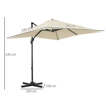 Outsunny 2.5 x 2.5m Patio Offset Parasol Umbrella Cantilever Hanging Aluminium Sun Shade Canopy Shelter 360\'c2\'b0 Rotation with Crank Handle and Cross Base, Cream White