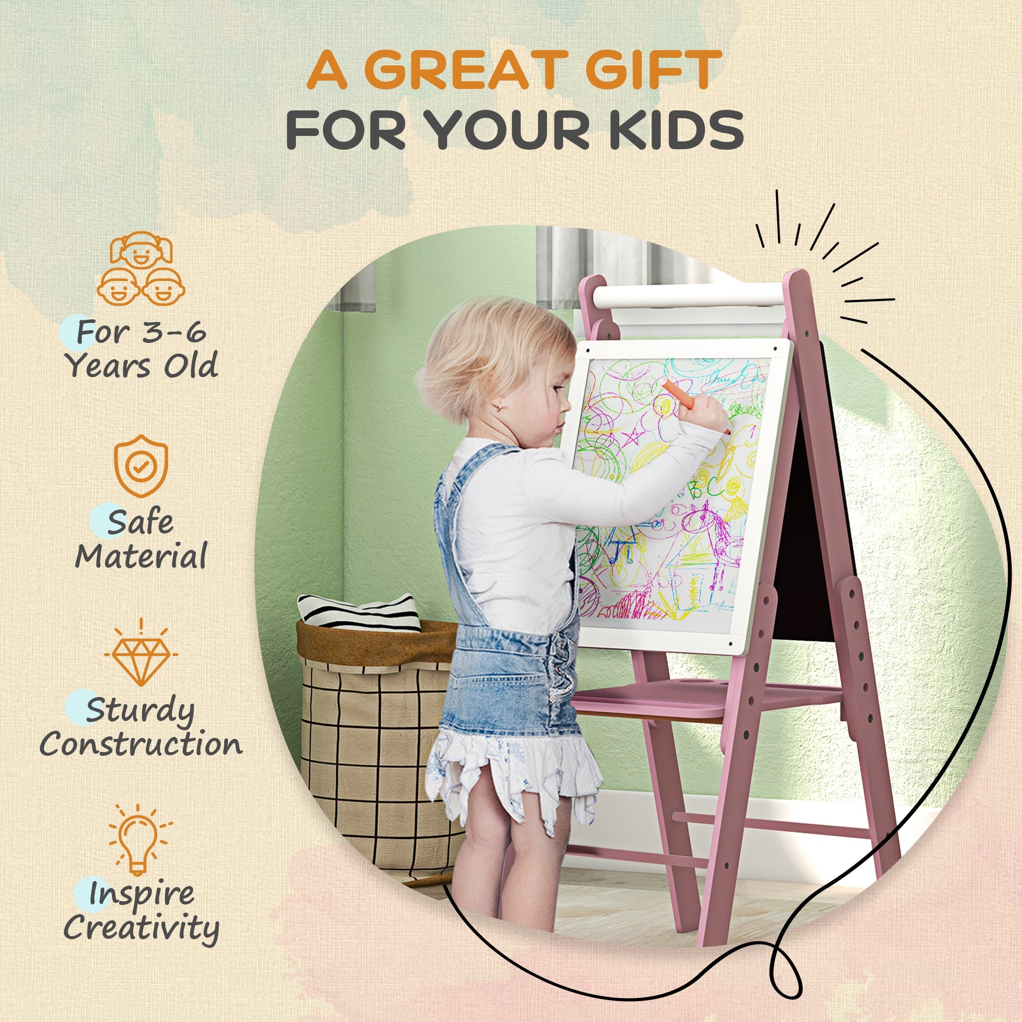 AIYAPLAY Three-In-One Easel for Kids, with Paper Roll, Adjustable Height - Pink 