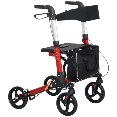 HOMCOM Folding Rollator Walker with Seat and Backrest, Lightweight Walking Frame with Detachable Storage Bag, Dual Brakes, Adjustable Handle Height, 4 Wheeled Walker for Seniors, Handicapped, Red 