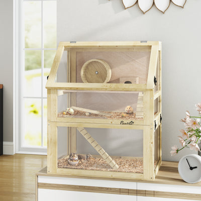 PawHut Wooden Hamster Cage with Detachable 32cm Deep Bottom, Hut, Seesaw, Exercise Wheel, Ramps, 60 x 40 x 75cm 