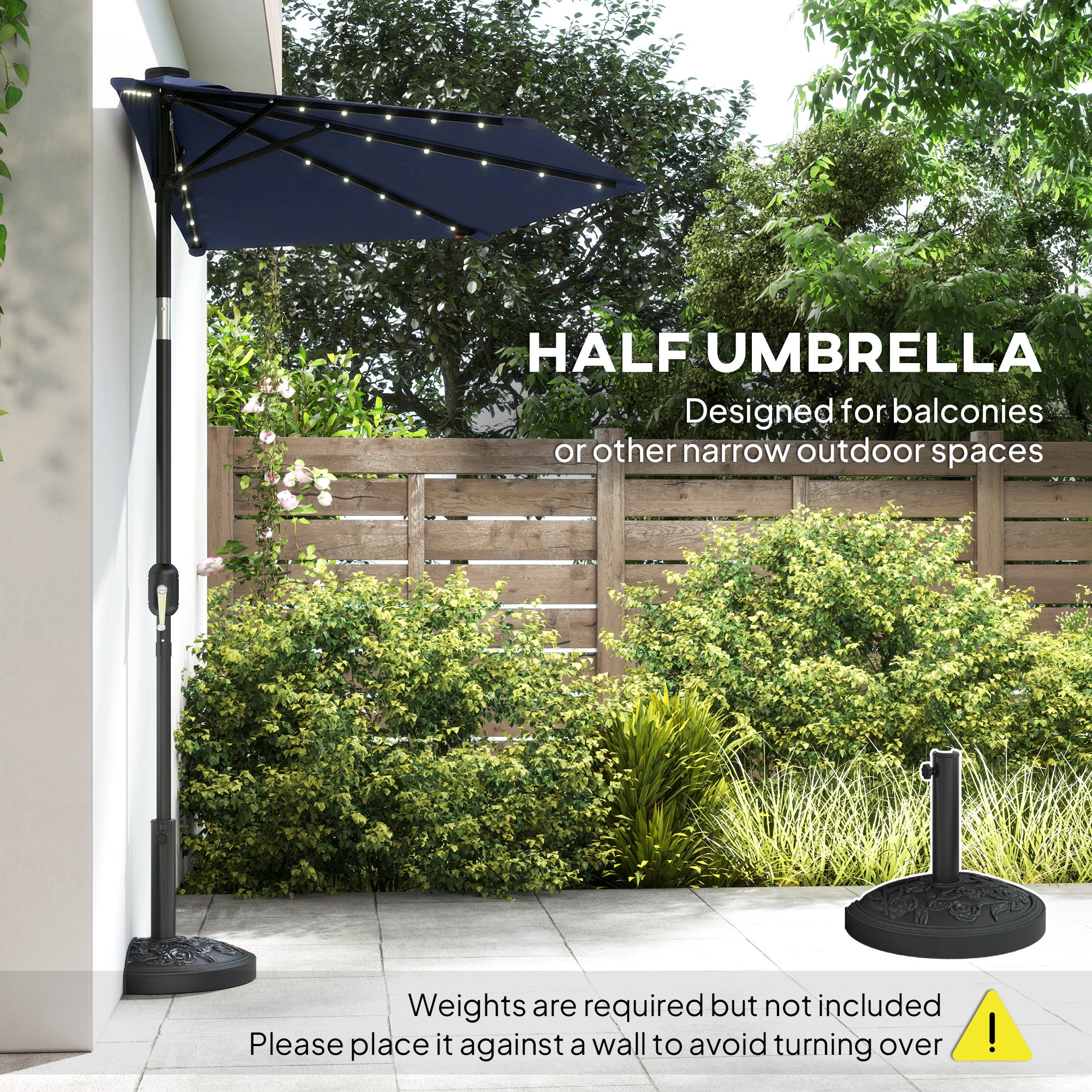 Outsunny 2.6 m Half Garden Parasol with Solar LED Lights, UPF50+ Semi Round Umbrella with 30° Tilt, Crank Handle, Dark Blue 