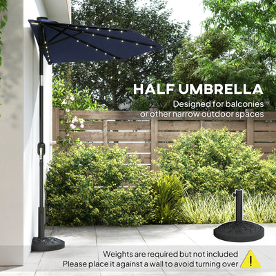 Outsunny 2.6 m Half Garden Parasol with Solar LED Lights, UPF50+ Semi Round Umbrella with 30° Tilt, Crank Handle, Dark Blue 