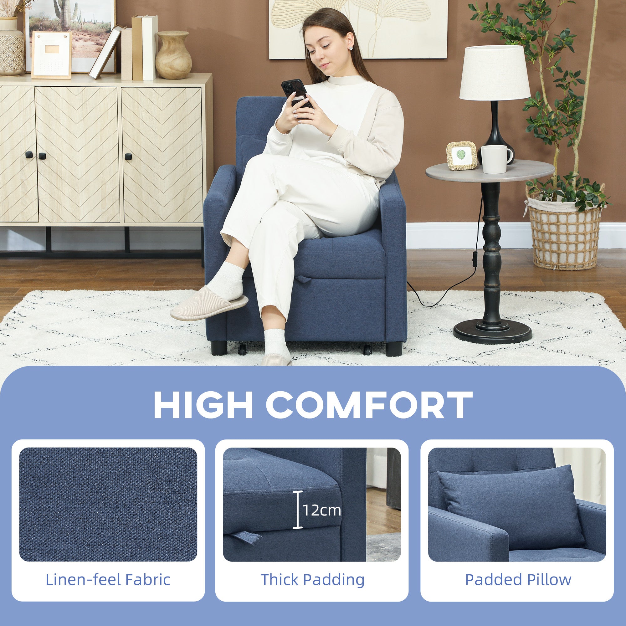 HOMCOM 3-In-1 Chair Bed, Convertible Sleeper Chair with Adjustable Backrest, Pillow and Footrest for Living Room, Blue 