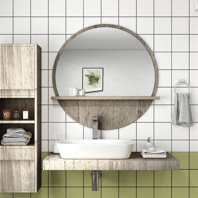 kleankin 45cm Round Home Mirror, with Shelf - Grey Wood-Effect 