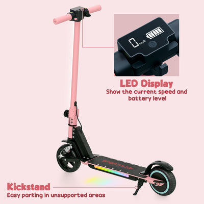 SPORTNOW Folding Electric Scooter for Kids Age 6-14 with Dual Brakes, Front Suspension, LED Colourful Lights and Display, 6.8kg Lightweight Aluminium E Scooter, Up to 14 KM/H & 6 KM, Pink 