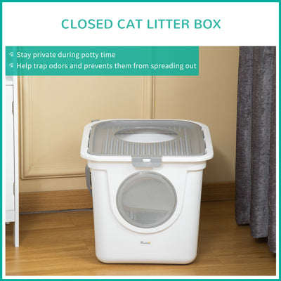 PawHut Cat Litter Box, Pet Toilet, Enclosed Kitten Pan with Front Entrance Top Exit, High Side, Scoop, White 