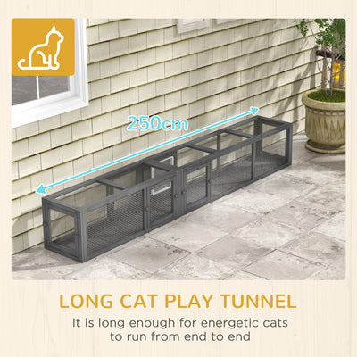 PawHut Cat Tunnel, 250cm Extra Long Wooden Cat Play Tunnel with 8 Doors, L-shape/Rectangle, Outdoor Cat Enclosure, Dark Grey 