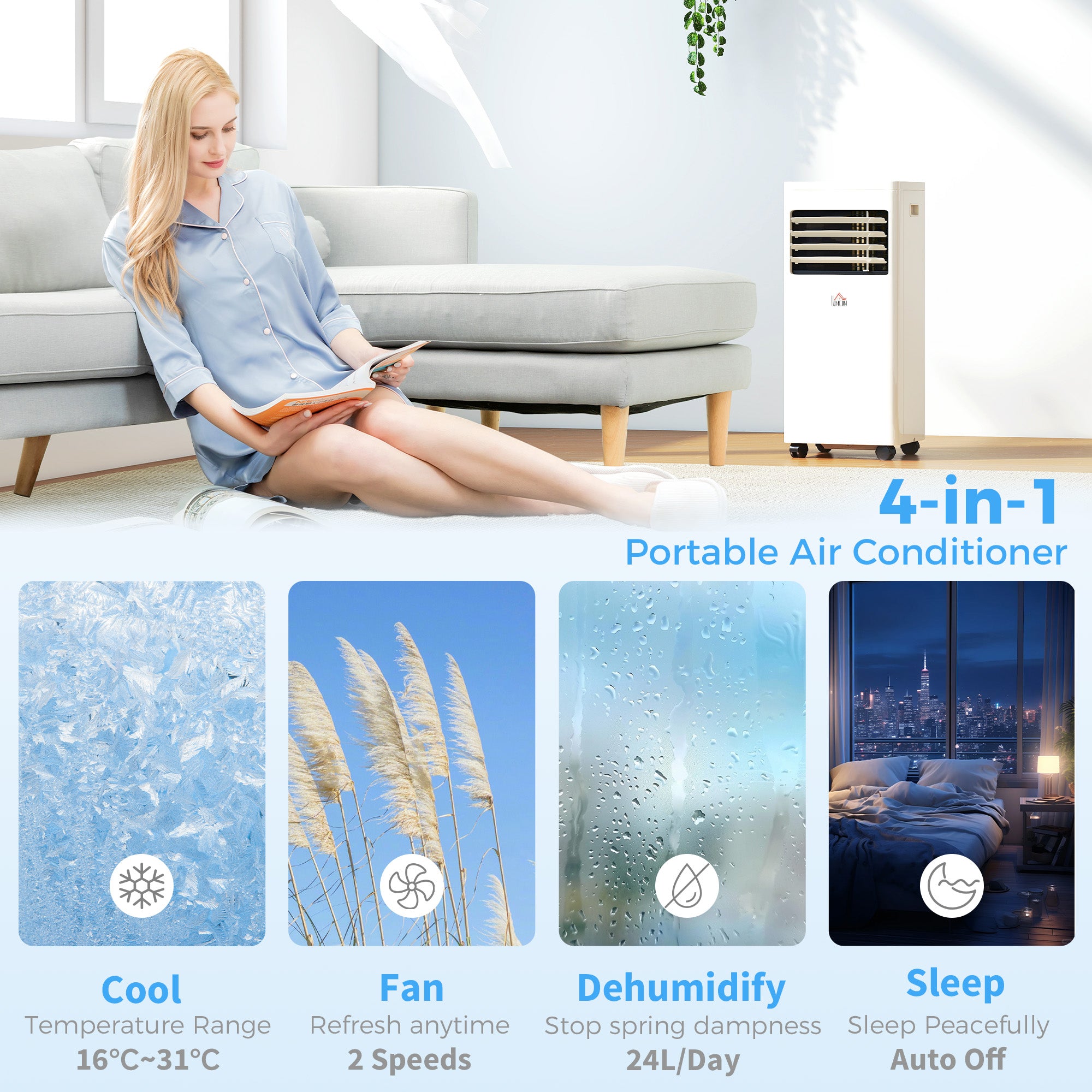 HOMCOM Portable Air Conditioner 9000 BTU, Air Conditioning Unit with Digital Display for Room up to 28㎡ 