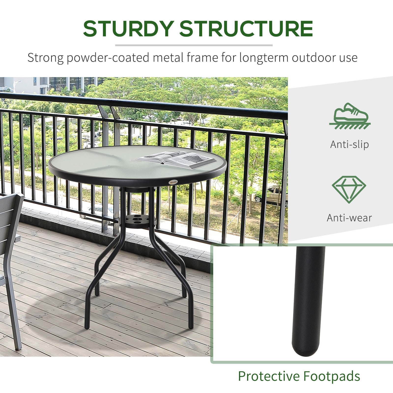 Outsunny Bistro Table Outdoor Round Dining Coffee Table with Parasol Hole, Tempered Glass Top Side Table Patio Garden - 80cm Diameter 