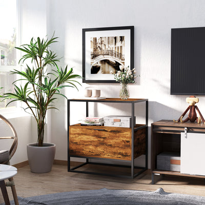 HOMCOM Industrial-Style Side Table w/ Drawer Open Shelf Steel Frame Large Base Two-Tone Retro Stylish Home Furniture Bedroom Living Room 