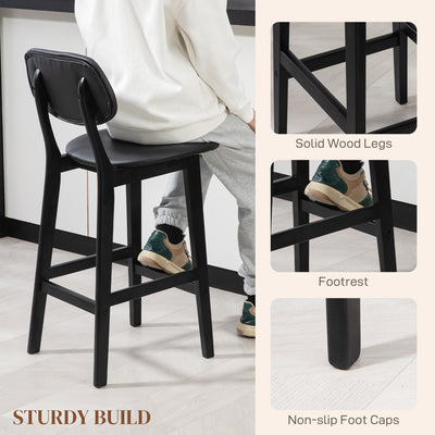 HOMCOM Set of Two Wooden Classic Bar Stools, with Faux Leather Seats - Black 