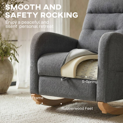 HOMCOM Upholstered Rocking Chair Retractable Footrest Rocker Chair High Back for Living Room Grey 