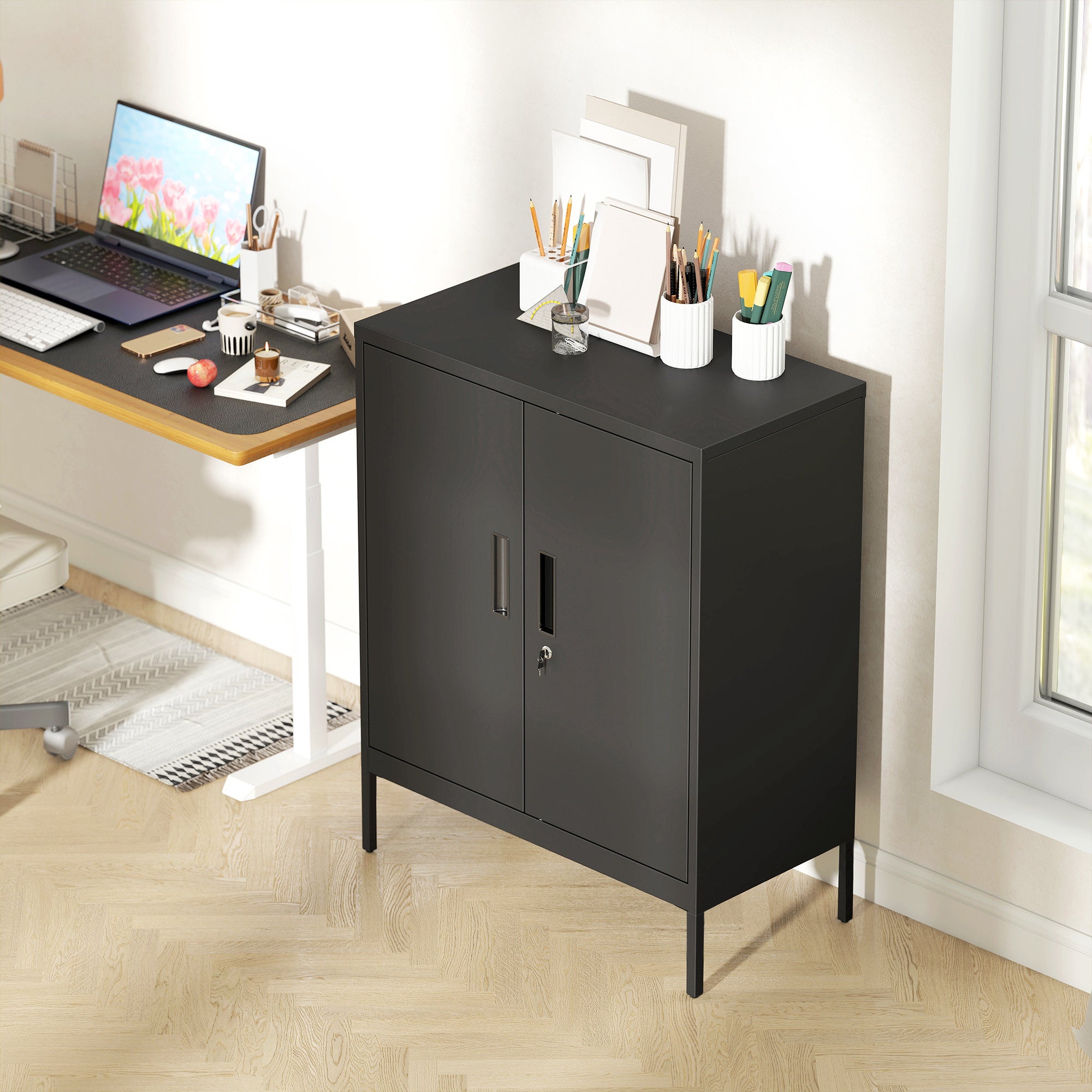 HOMCOM Metal Storage Cabinet with Lock and Adjustable Shelves - Black 