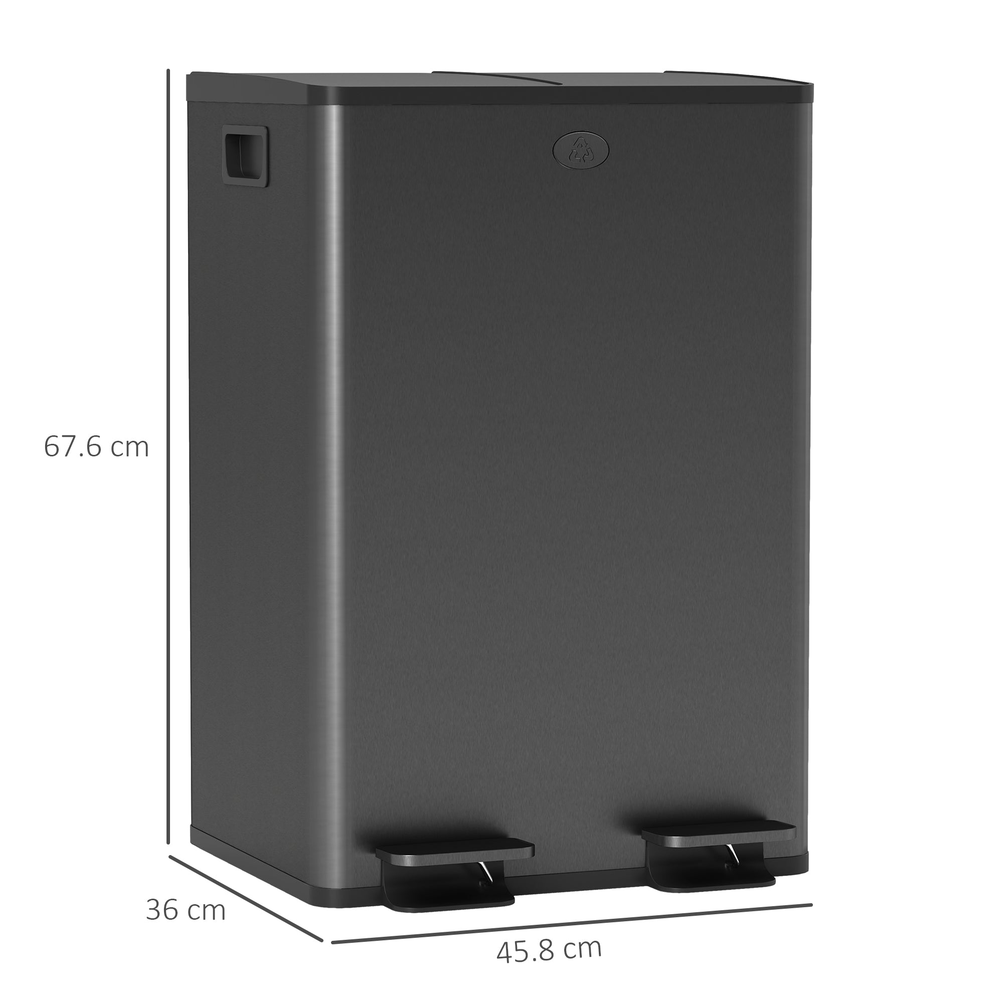 HOMCOM 56L Dual Compartment Stainless Steel Bin, with Deodoriser Holders - Black 