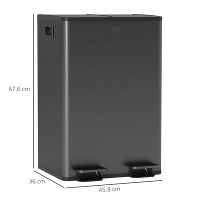 HOMCOM 56L Dual Compartment Stainless Steel Bin, with Deodoriser Holders - Black 