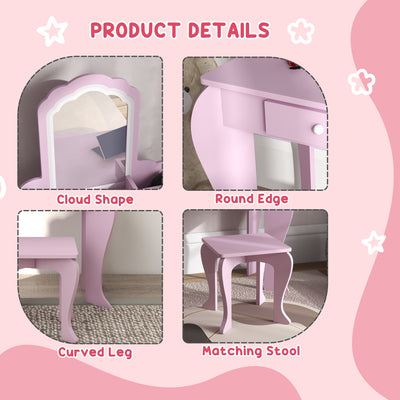 ZONEKIZ Kids Vanity Table with Mirror, Stool, Drawer, Storage Boxes, Cloud Design, for Ages 3-6 Years - Pink 