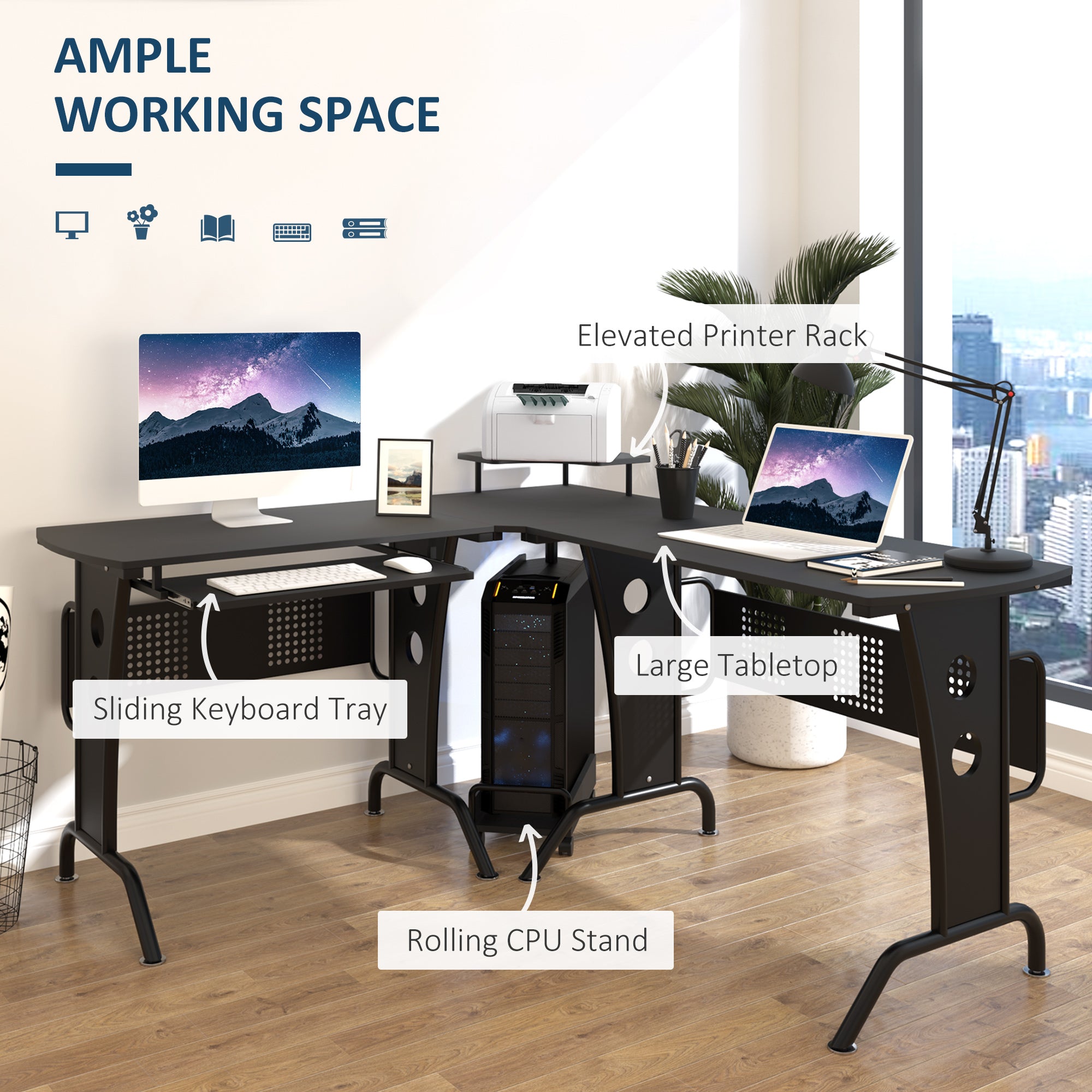 HOMCOM L-Shaped Corner Desk, Gaming Desk with CPU Rack, Keyboard Tray, Space-Saving Computer Desk with Steel Frame for Home Office,165 x 145 x 86.5cm, Black 