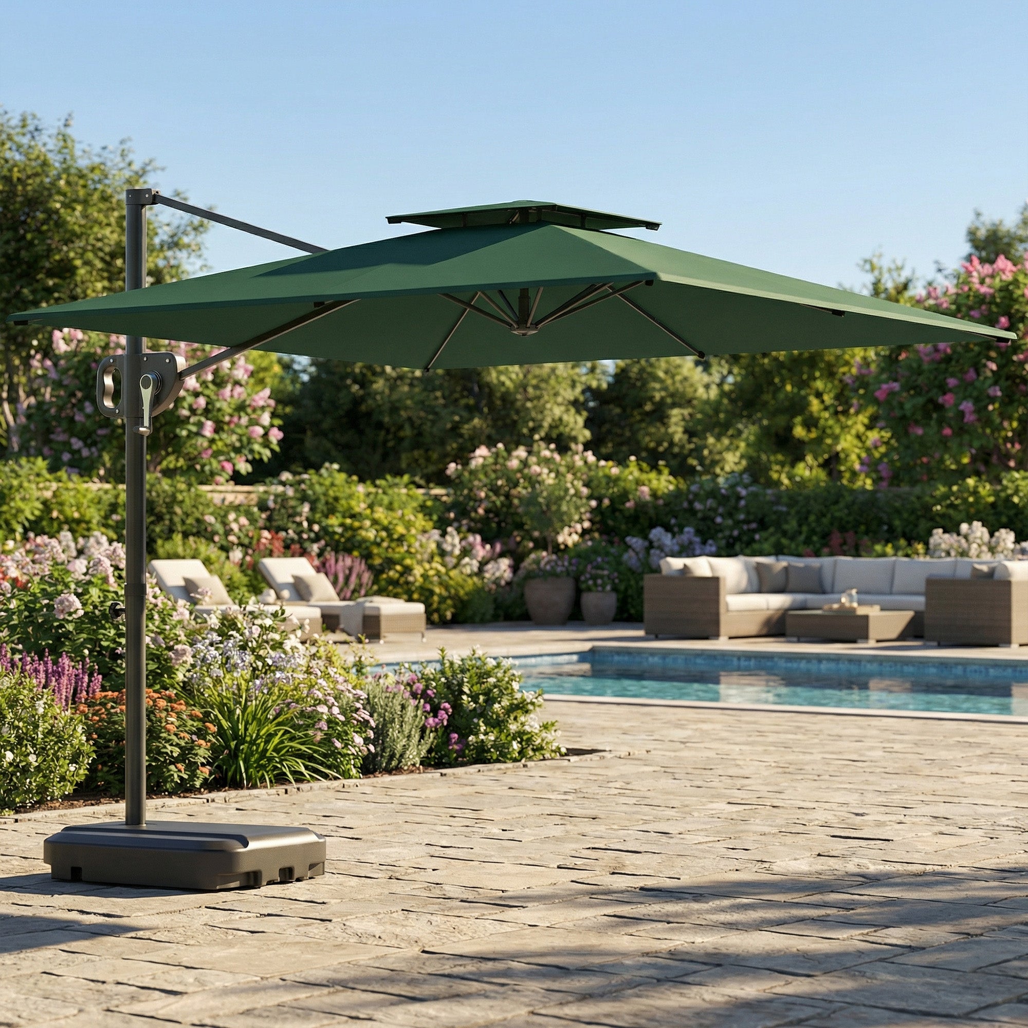 Outsunny Cantilever Parasol with Weighted Base Double Top Garden Parasol Square Hanging Patio Umbrella with Crank Tilt Dark Green 