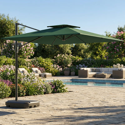 Outsunny Cantilever Parasol with Weighted Base Double Top Garden Parasol Square Hanging Patio Umbrella with Crank Tilt Dark Green 