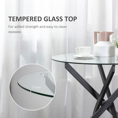 HOMCOM Dining Table with Clear Tempered Glass Top, Round Table with Metal Legs, Modern Kitchen Table for Dining Room Living Room, Black 