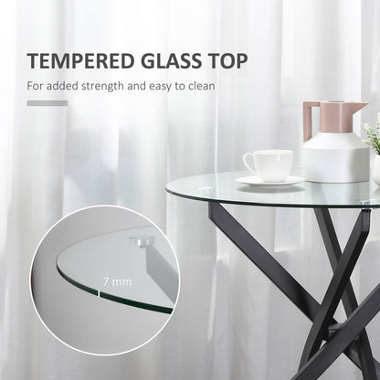 HOMCOM Dining Table with Clear Tempered Glass Top, Round Table with Metal Legs, Modern Kitchen Table for Dining Room Living Room, Black 