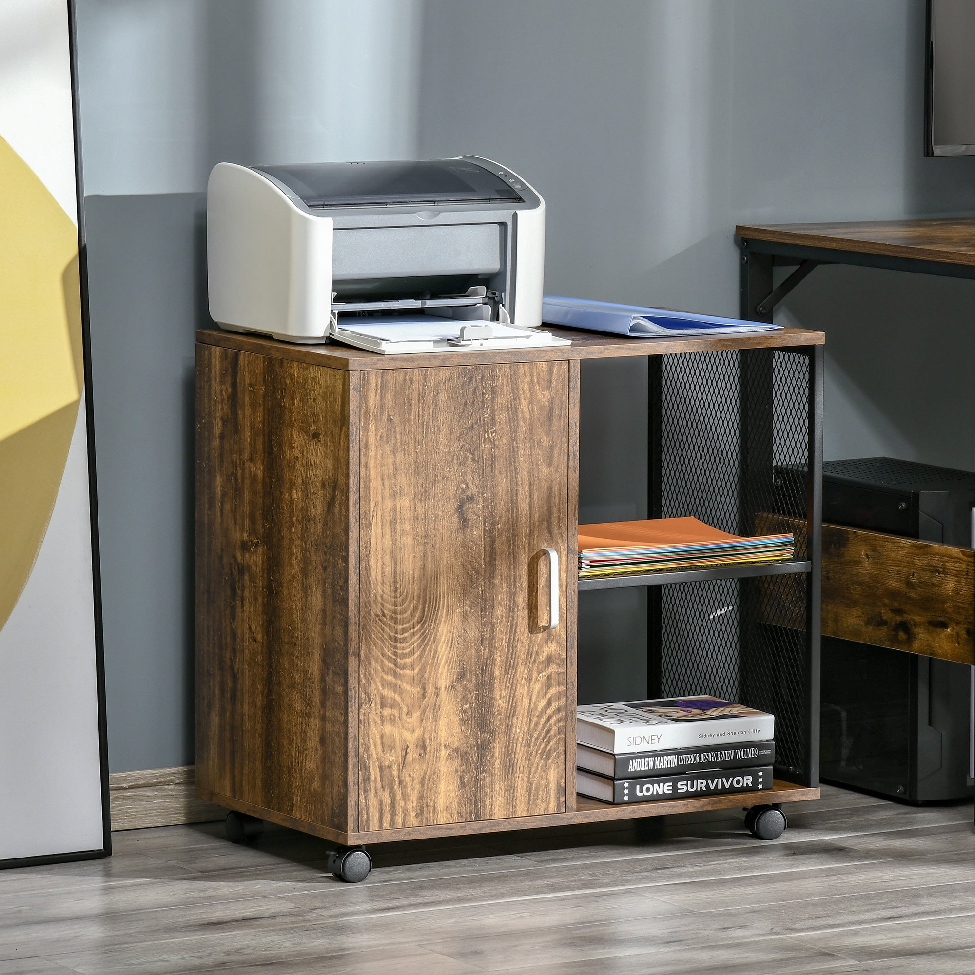 HOMCOM Printer Stand Home Office Mobile Storge File Cabinet Organizer with Castors, Door, Vintage Brown 