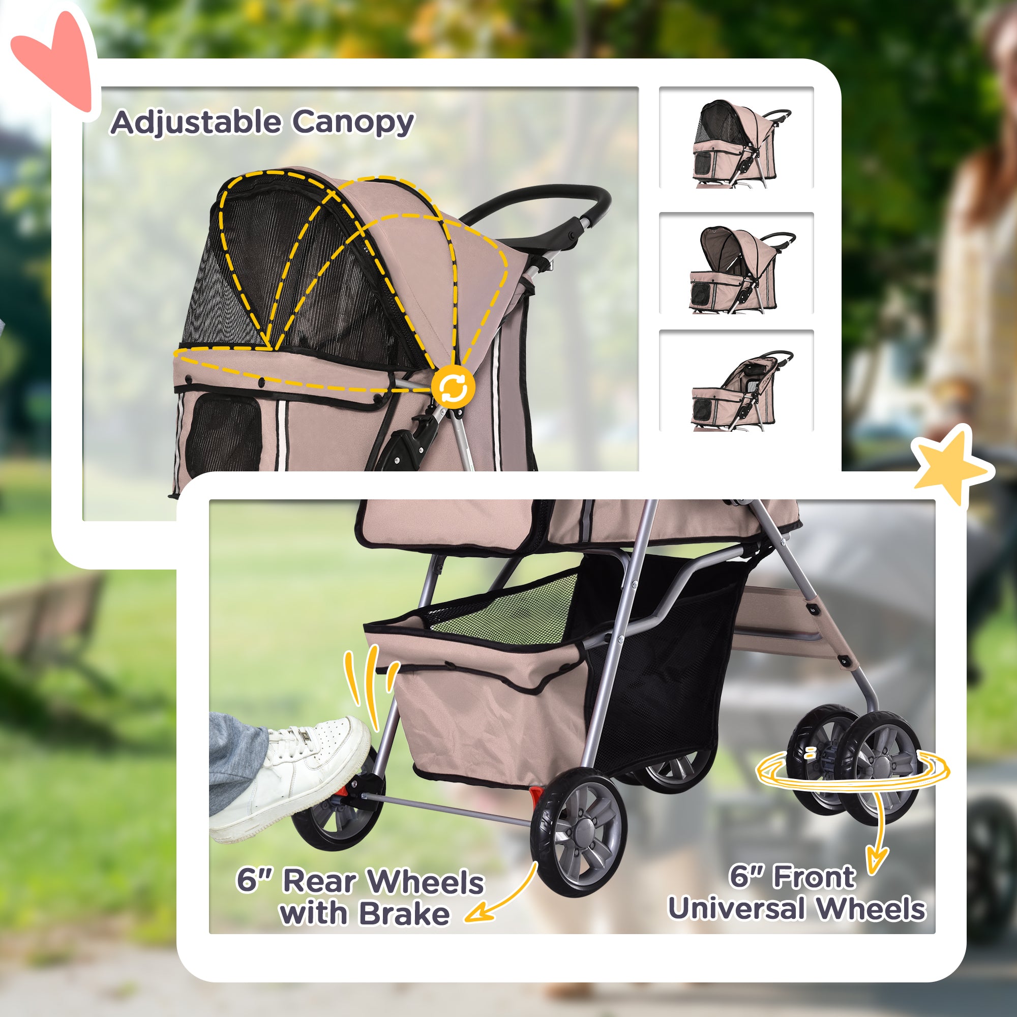 PawHut Pet Stroller for Small Miniature Dogs Cats Foldable Travel Carriage with Wheels Zipper Entry Cup Holder Storage Basket Brown 