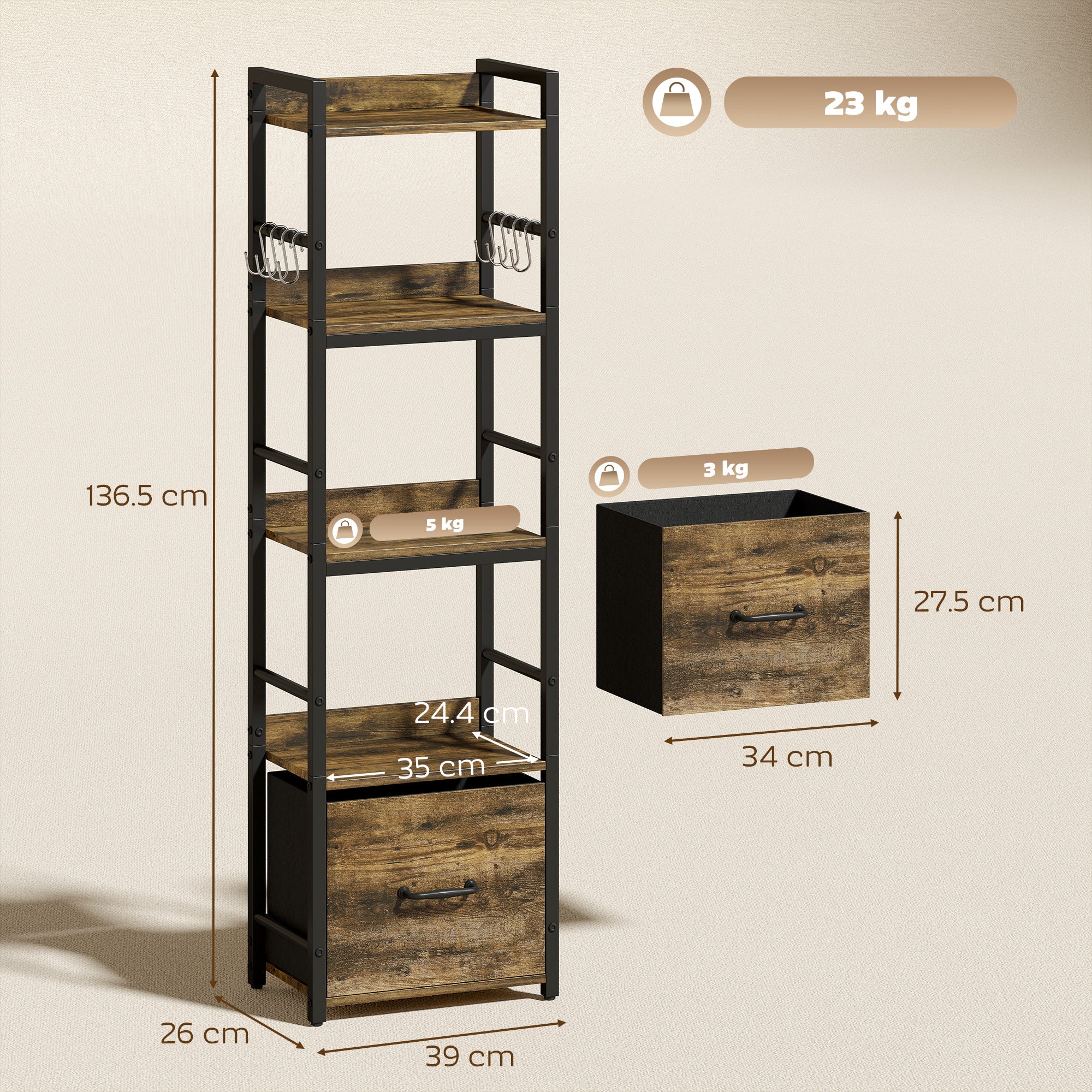 HOMCOM 4-Tier Bookshelf, Narrow Bookcase with Drawer, 8 Hooks, Metal Frame, Rustic Brown 
