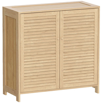 HOMCOM Bamboo Shoe Cabinet with Louvered Doors, 14 Pairs Shoe Storage Cabinet with Adjustable Shelves for Hallway, Natural 