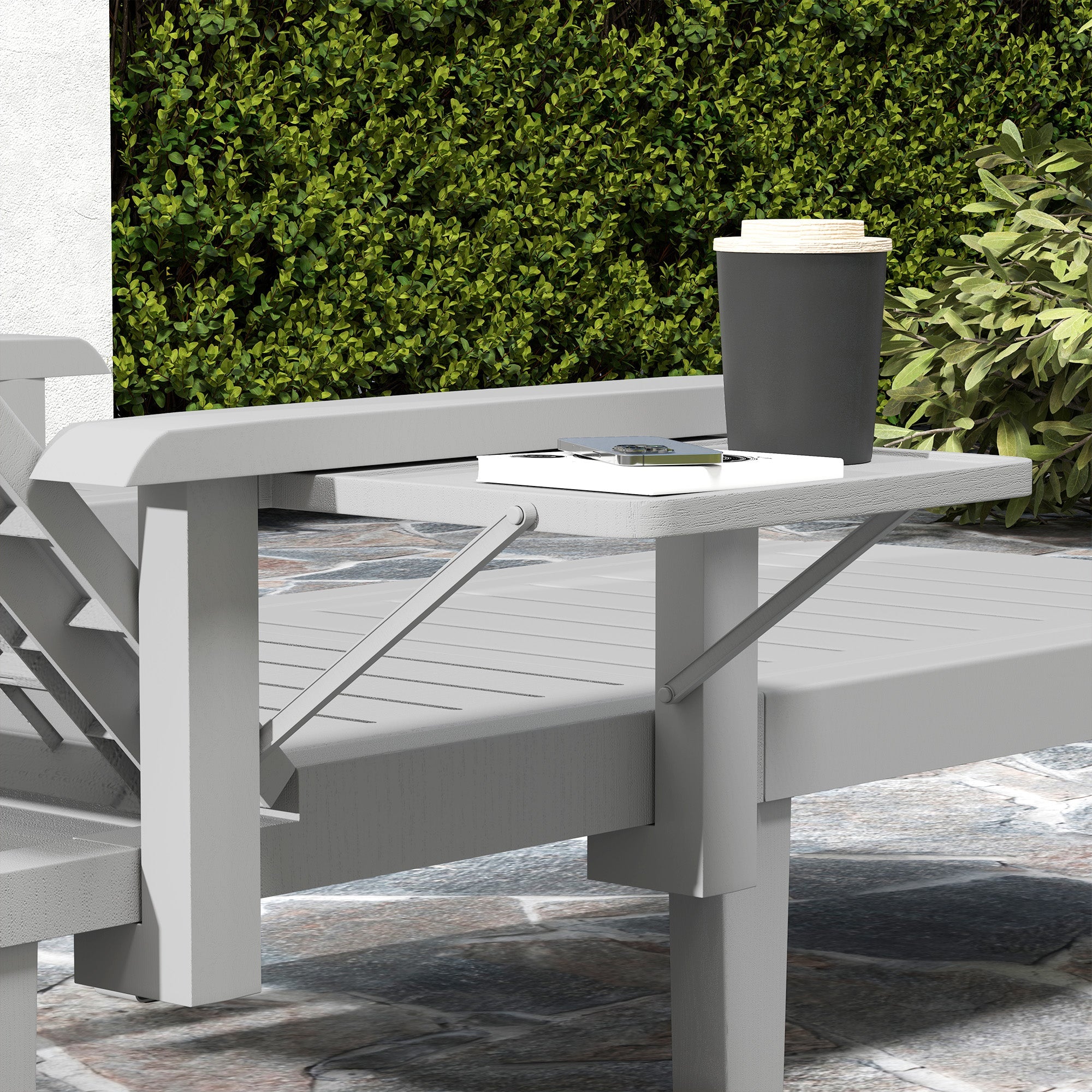 Outsunny Set of 2 Resin Reclining Sun Loungers for Garden, 5 Positions Adjustable Outdoor Chaise Lounge Chairs with Wood Texture Surface, Armrests, Foldable Side Table for Garden, Beach, Light Grey 