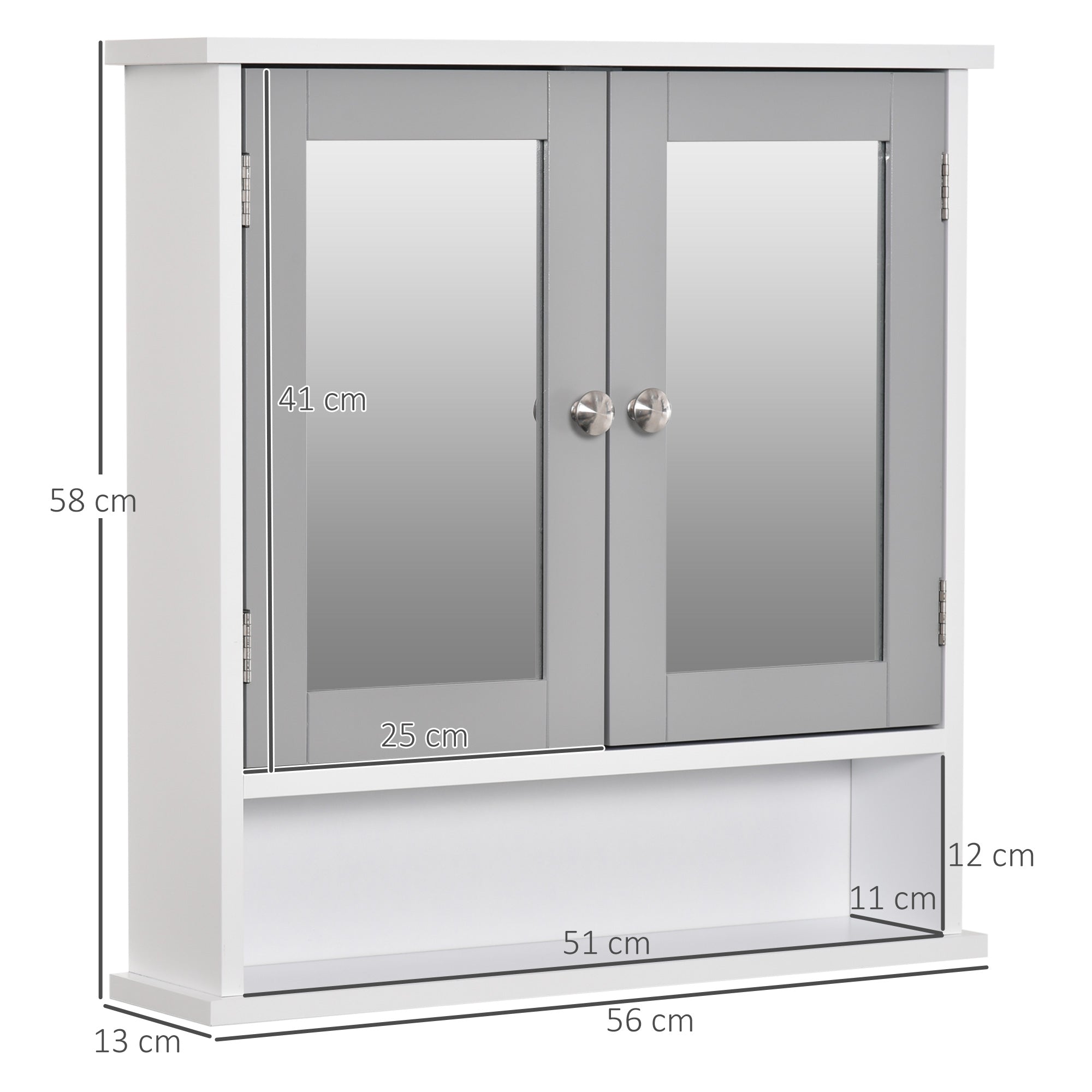 kleankin Mirror Cabinet Wall Mounted with Double Mirrored Doors, Hanging Cabinet with Cupboard and Shelf, Bathroom Wall Storage Organizer, Grey 