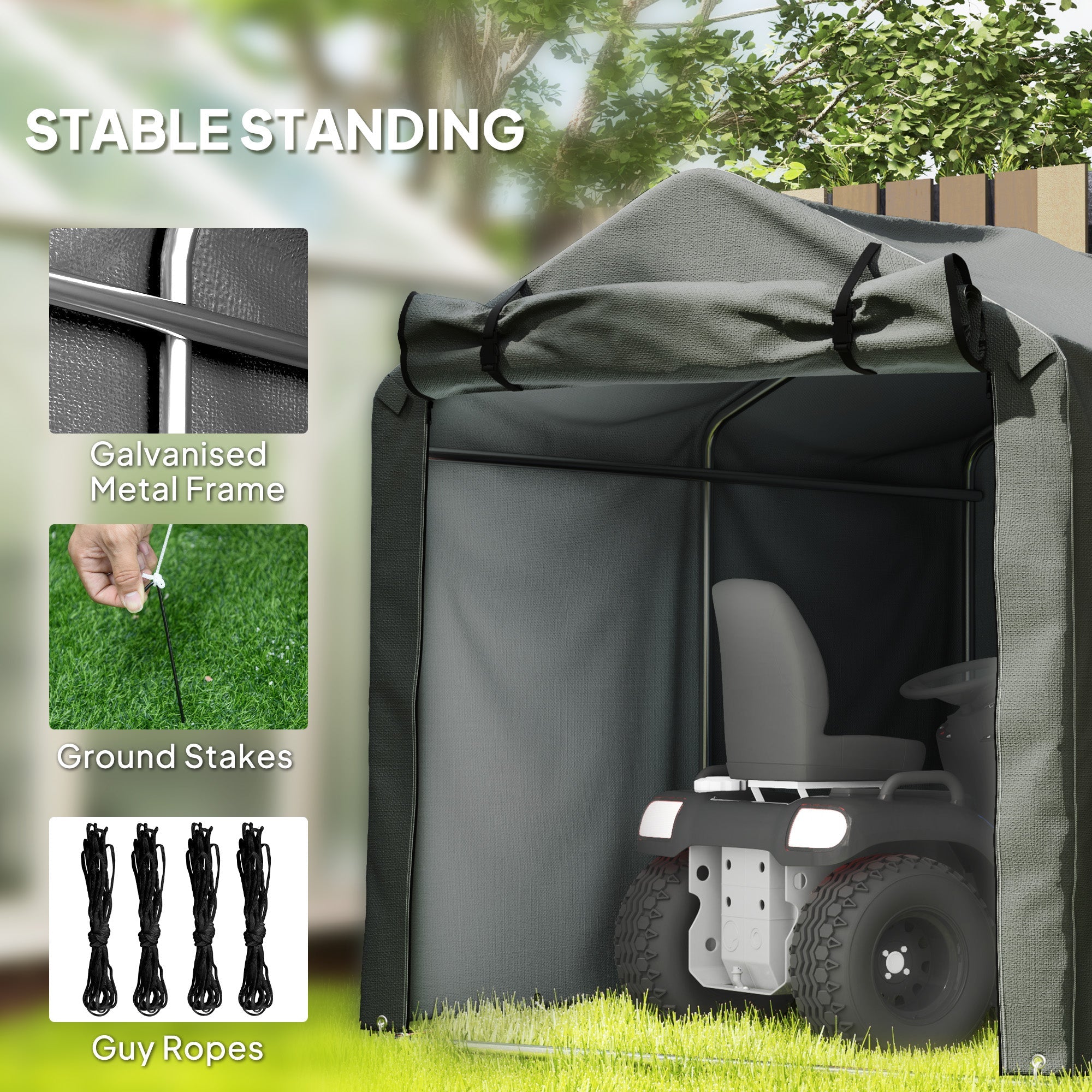 Outsunny 2.2 x 1.6 m Garden Storage Tent, Waterproof Anti-UV Bike Tent with Roll-up Zipper Door, Galvanised Outdoor Storage Shelter Carport for Bike, Motorbike, Garden Tools, Dark Grey 