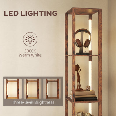HOMCOM Floor Lamp with Shelves, LED Column Modern Standing Lamp with Fabric Drawer, Adjustable Brightness, Foot Switch for Living Room, Bedroom, Office, Rustic Brown 