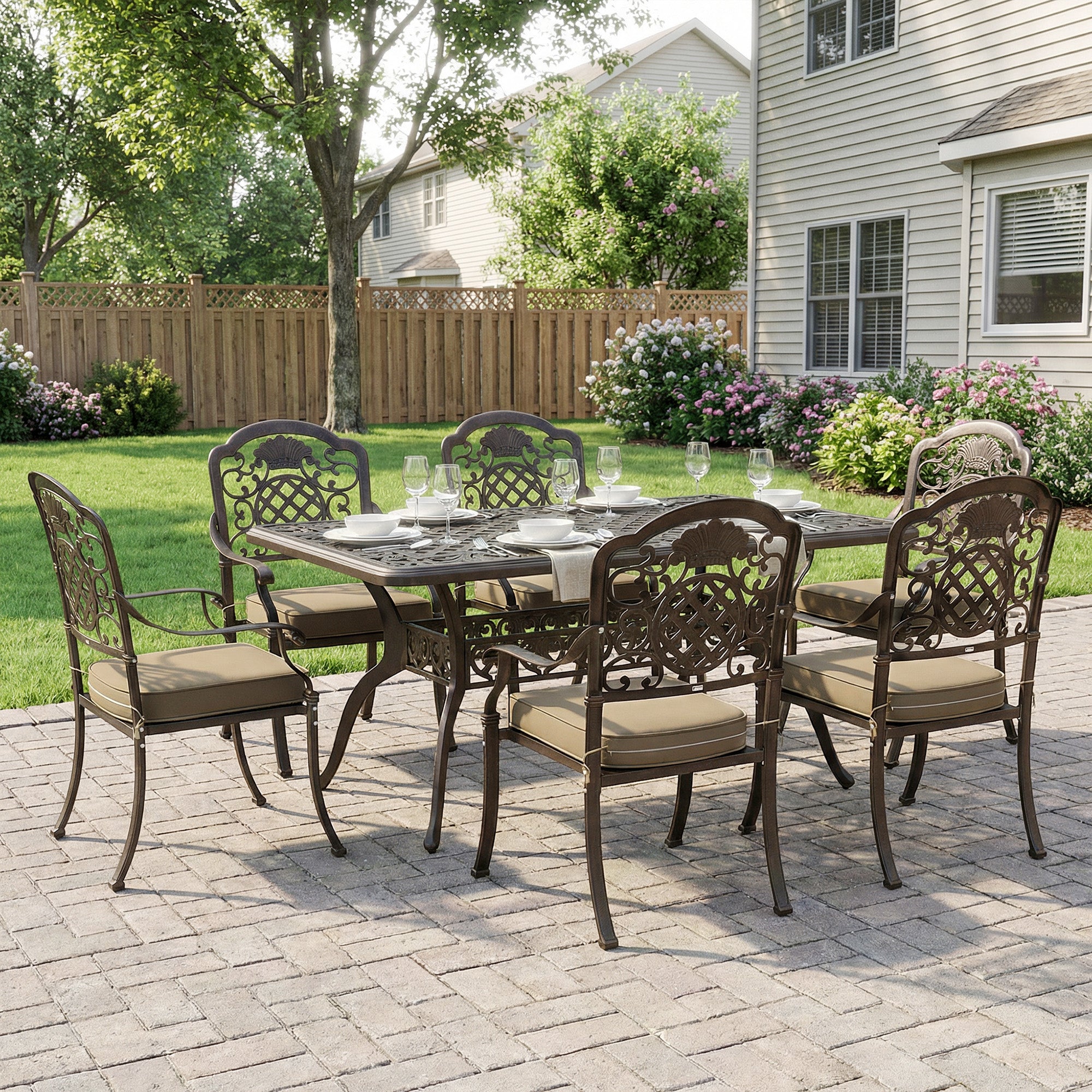 Outsunny Garden Dining Set for 6, Cast Aluminium Outdoor Table and Chairs Set with Cushions, Parasol Hole for Patio, Bronze Tone 