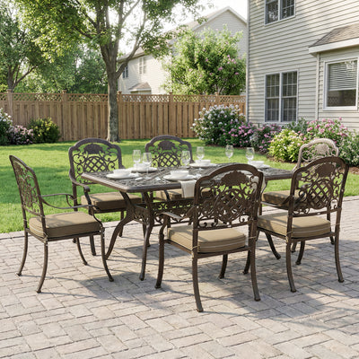 Outsunny Garden Dining Set for 6, Cast Aluminium Outdoor Table and Chairs Set with Cushions, Parasol Hole for Patio, Bronze Tone 