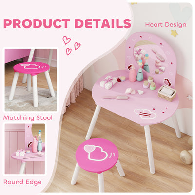AIYAPLAY Kids Dressing Table with Mirror and Stool, Girls Vanity Set for Kids Room, Bedroom, Nursery, for Ages 3–6 Years, Pink 