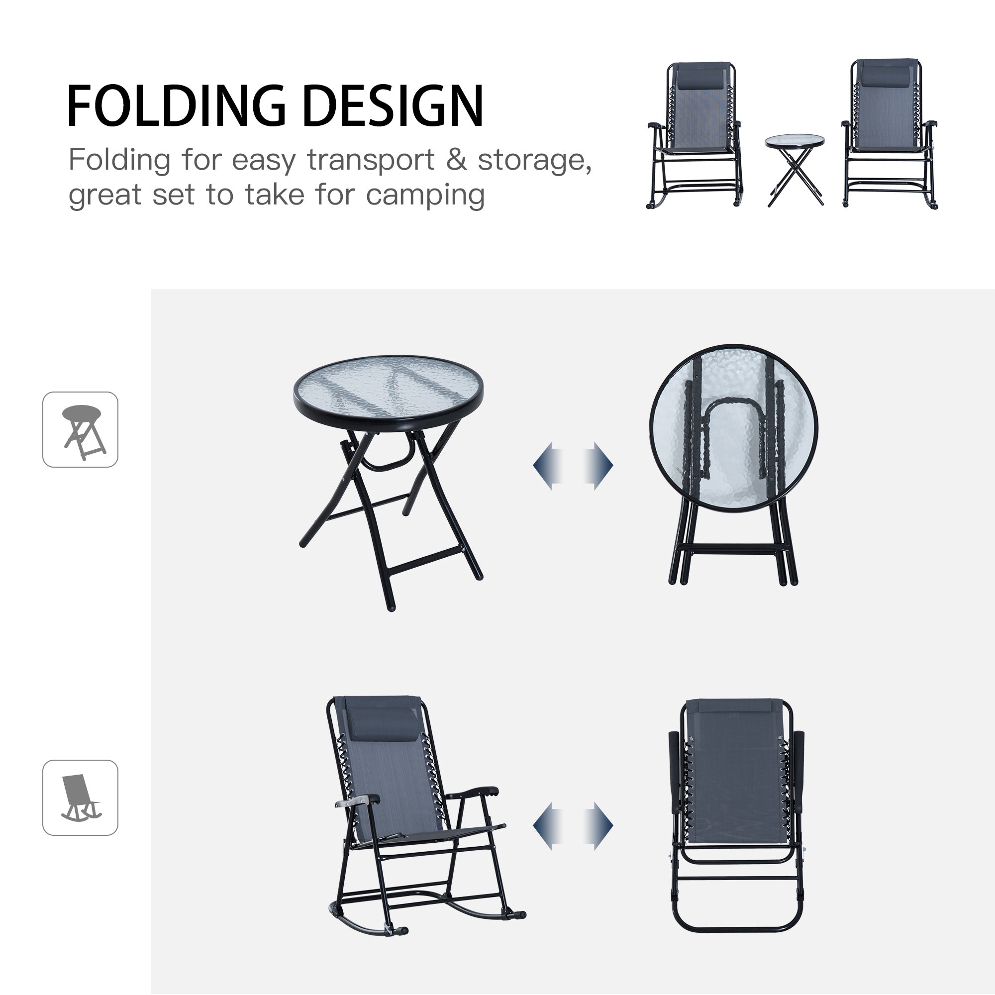 Outsunny 3 Piece Outdoor Rocking Set with 2 Folding Chairs and 1 Tempered Glass Table, Patio Bistro Set for Garden, Deck, Grey 