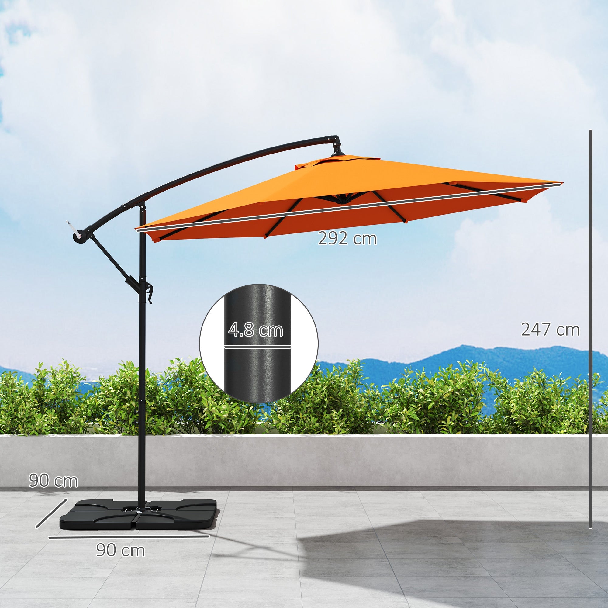 Outsunny 3m Overhanging Parasol, with Base, Weights and Cover - Orange 
