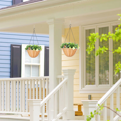 HOMCOM Pack of 2 Faux Plant Artificial Lisianthus Flowers, Hanging Planters with Basket, PE Leaves, 18 Flowers and 3 Pinecones, Decorative Faux Plants for Home Office Decor, Green