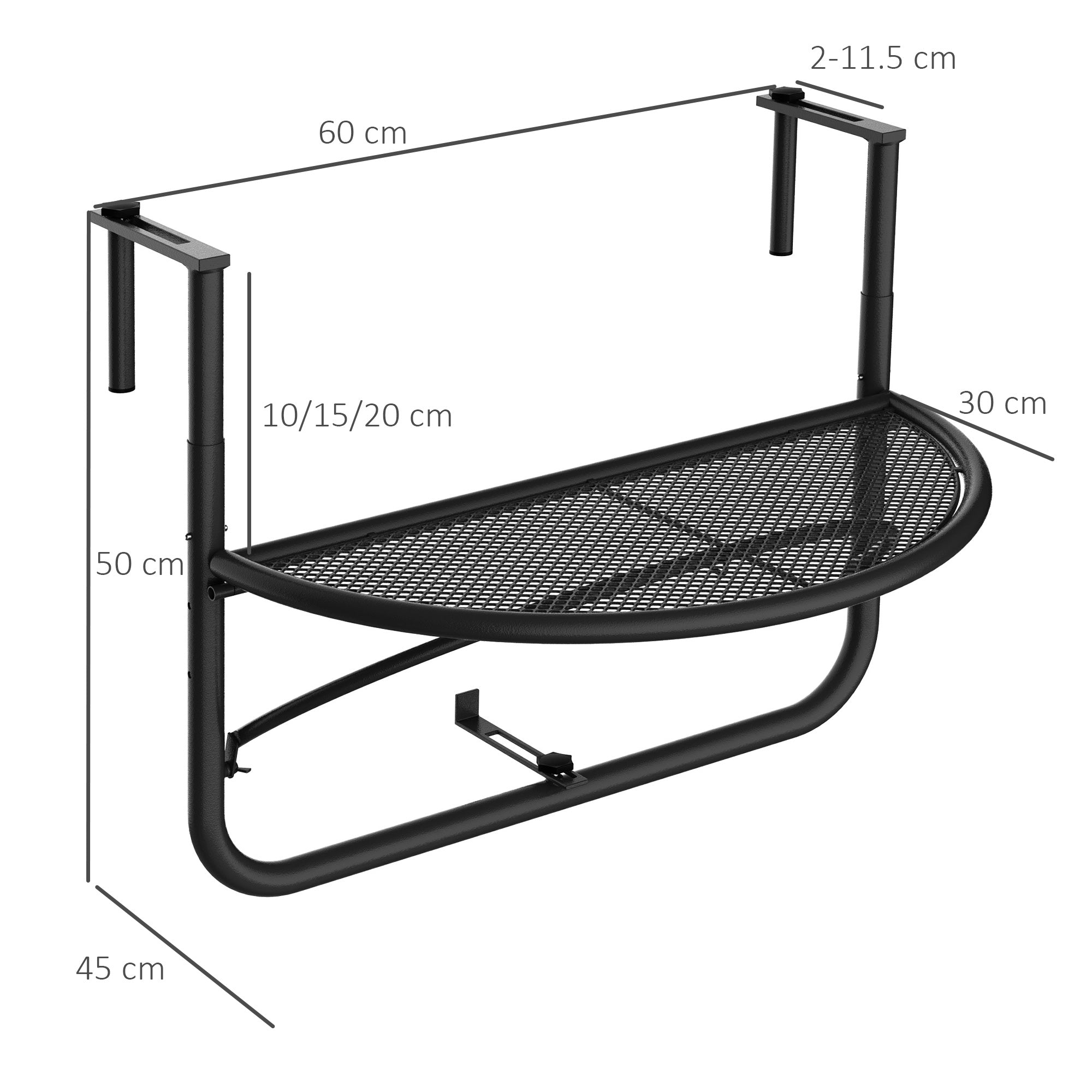 Outsunny Semi-Circular Attachable Balcony Hanging Coffee Table Adjustable Side Metal Table 