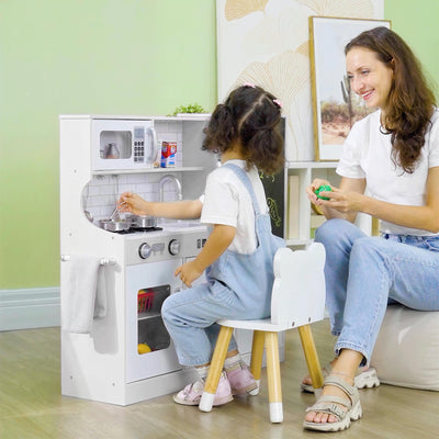 AIYAPLAY Pretend Play Kitchen, Kids Kitchen Playset, with Toy Phone, Chalkboard, Microwave, Cooking Stove, Sink, White 