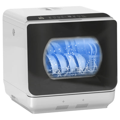 HOMCOM Table Top Dishwasher, Mini Countertop Dishwasher with Built-in 6L Water Tank, 6 Programs, Touch Control, LED Display, 4 Place Settings, Dual Water Supply and Fruit Wash Mode, Silver Tone 