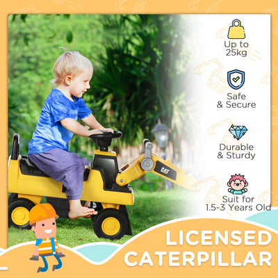 HOMCOM CAT Licensed Kids Construction Ride-On Toddler Digger Excavator Foot-To-Floor Ride-On Toy w/ Manual Shovel, Horn, Hidden Storage, for Ages 1.5-3 Years 