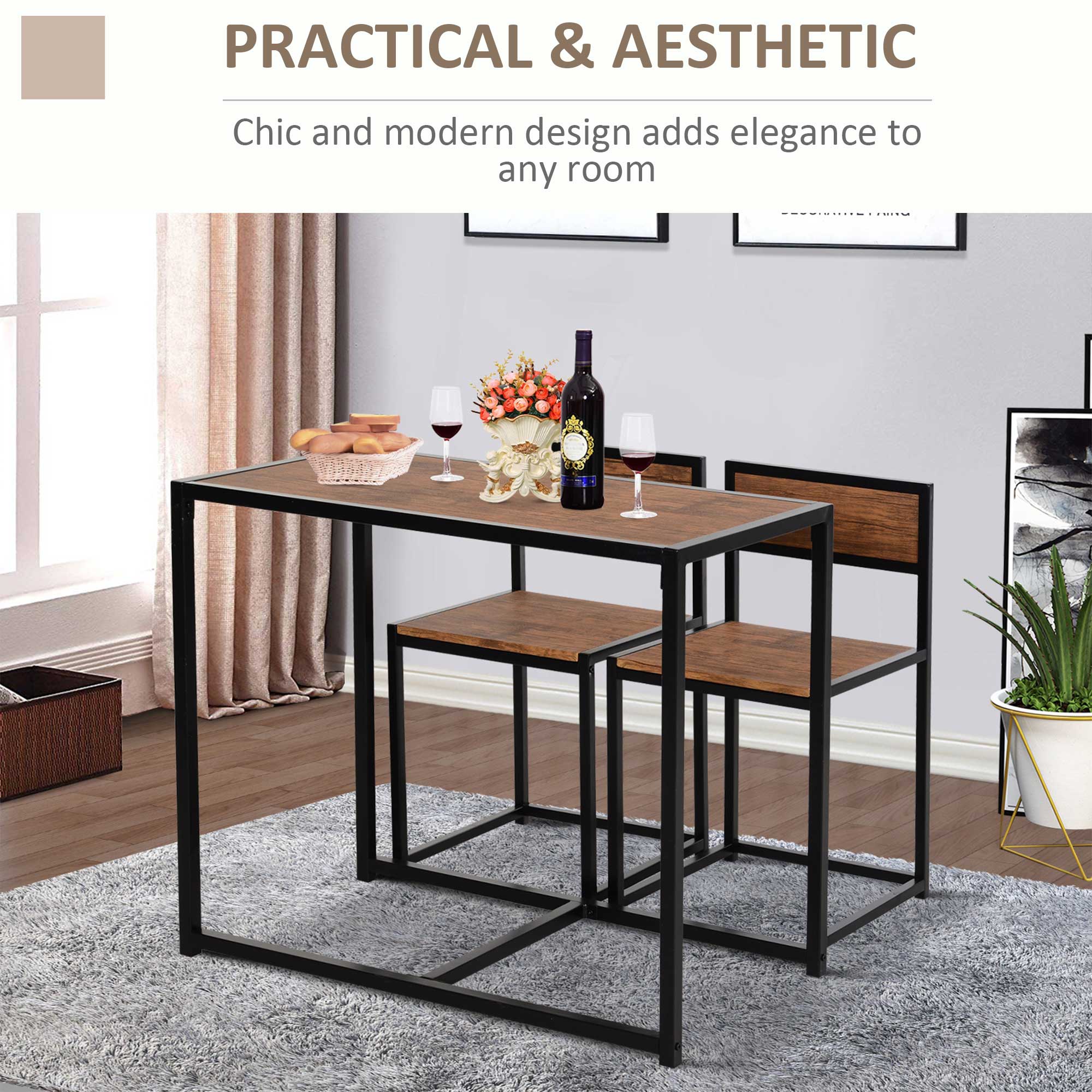 HOMCOM Dining Table and Chairs Set 2, Dining Room Sets, Rectangular Space Saving Table and 2 Chairs for Compact Kitchens, Steel Frame, Natural 