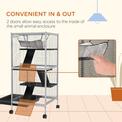 PawHut Small Animal Cage Pet Play House with Wheels Platforms Light Grey 