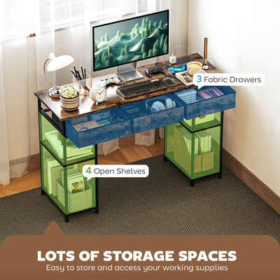 HOMCOM 120cm Computer Desk with Power Outlets, Office Desk Study Table with Fabric Drawers and Storage Shelves, Rustic Brown 