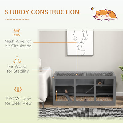 PawHut Wooden Hamster Cage, Small Animals Hutch with Tray, Openable Top, Exercise Play House Pen, 115L x 57W x 55Hcm, Grey 