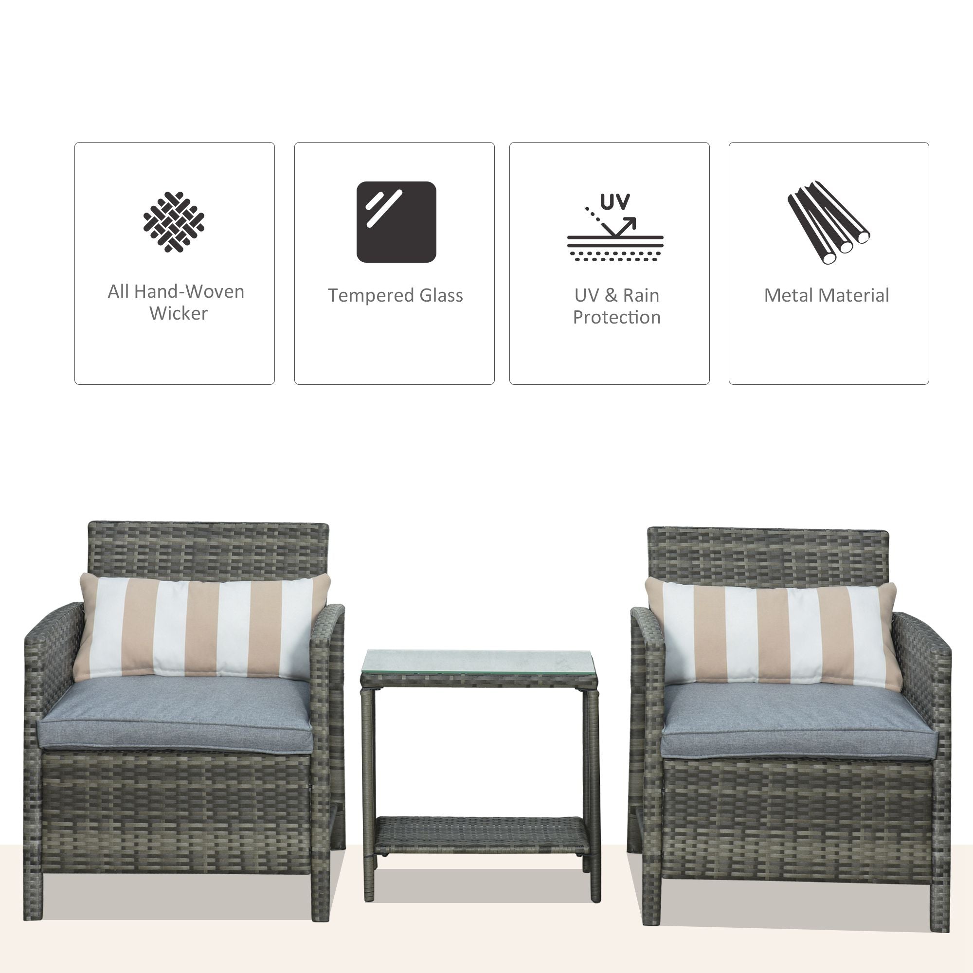 Outsunny 3 Pieces Rattan Bistro Set, Wicker Garden Furniture Set, Glass Top 2-tier Coffee Table and Chairs Set with Pillows and Washable Cushions for Outdoor, Patio, Balcony, Grey 