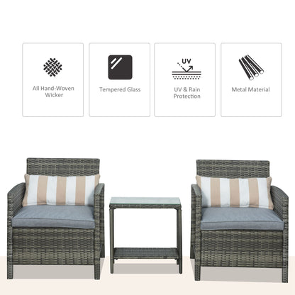 Outsunny 3 Pieces Rattan Bistro Set, Wicker Garden Furniture Set, Glass Top 2-tier Coffee Table and Chairs Set with Pillows and Washable Cushions for Outdoor, Patio, Balcony, Grey 