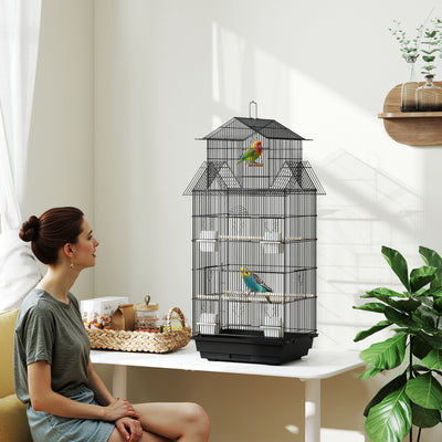 PawHut Metal Bird Cage with Plastic Swing, Perch, Food Container, Tray, Handle, for Finches, Canaries, 43 x 32.5 x 104cm 